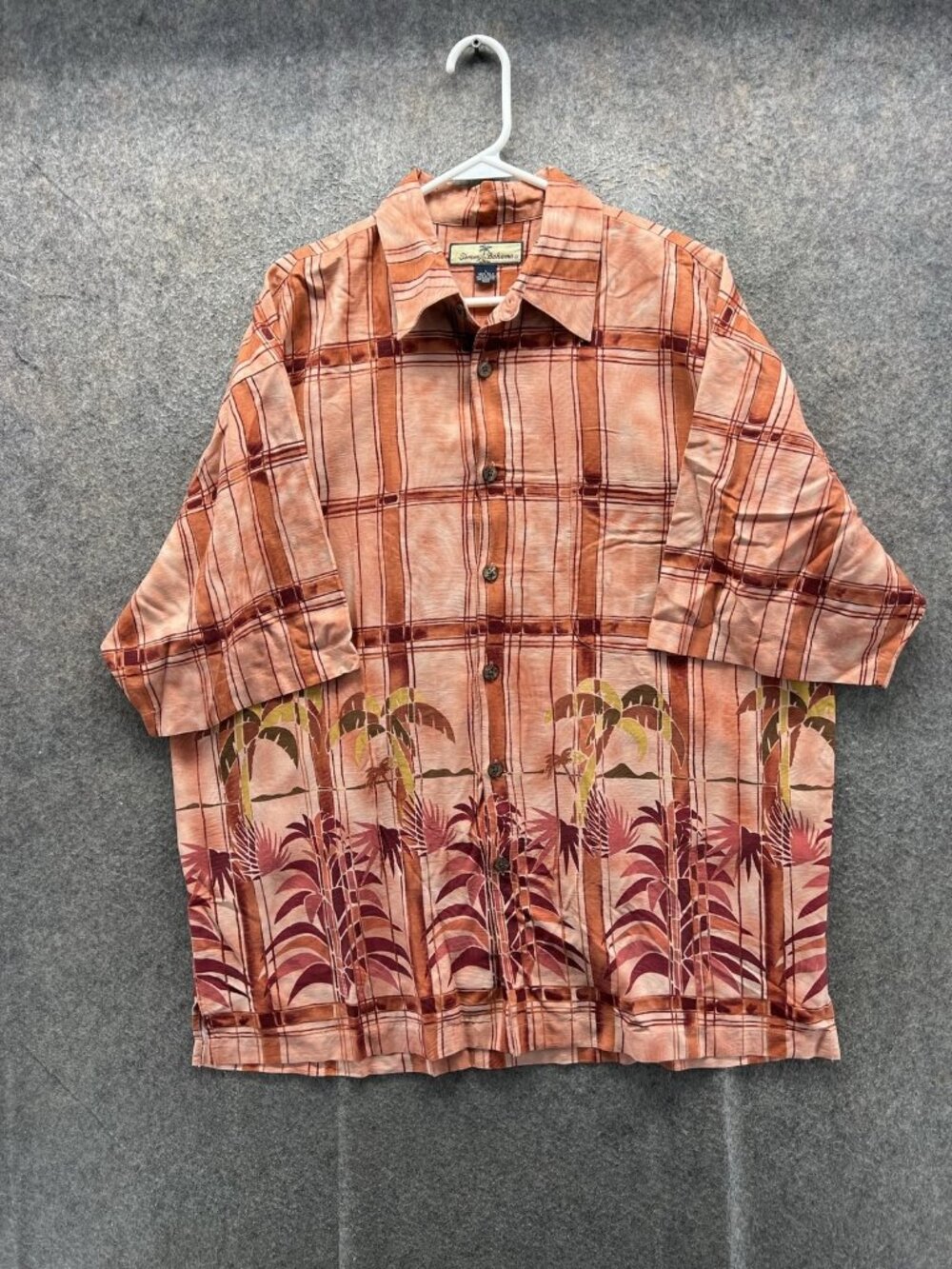 Tommy Bahama Shirt Men L Orange Plaid Palm Short Sleeve Button Up Silk Hawaiian